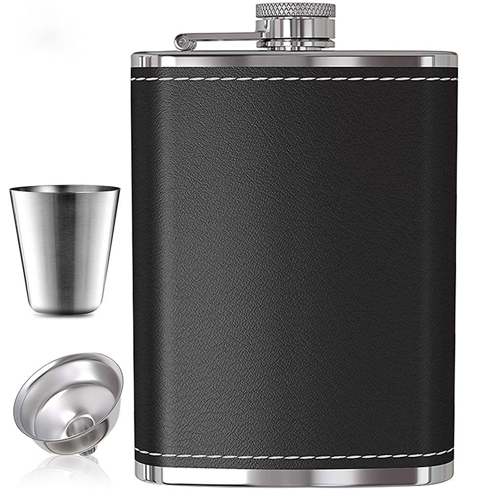 Description Picture 2 of item1Pc 8oz Portable Stainless Steel Hip Flask Flagon Whiskey Wine Pot Leather Cover Bottle Funnel Travel Tour Drinkware Wine Cup