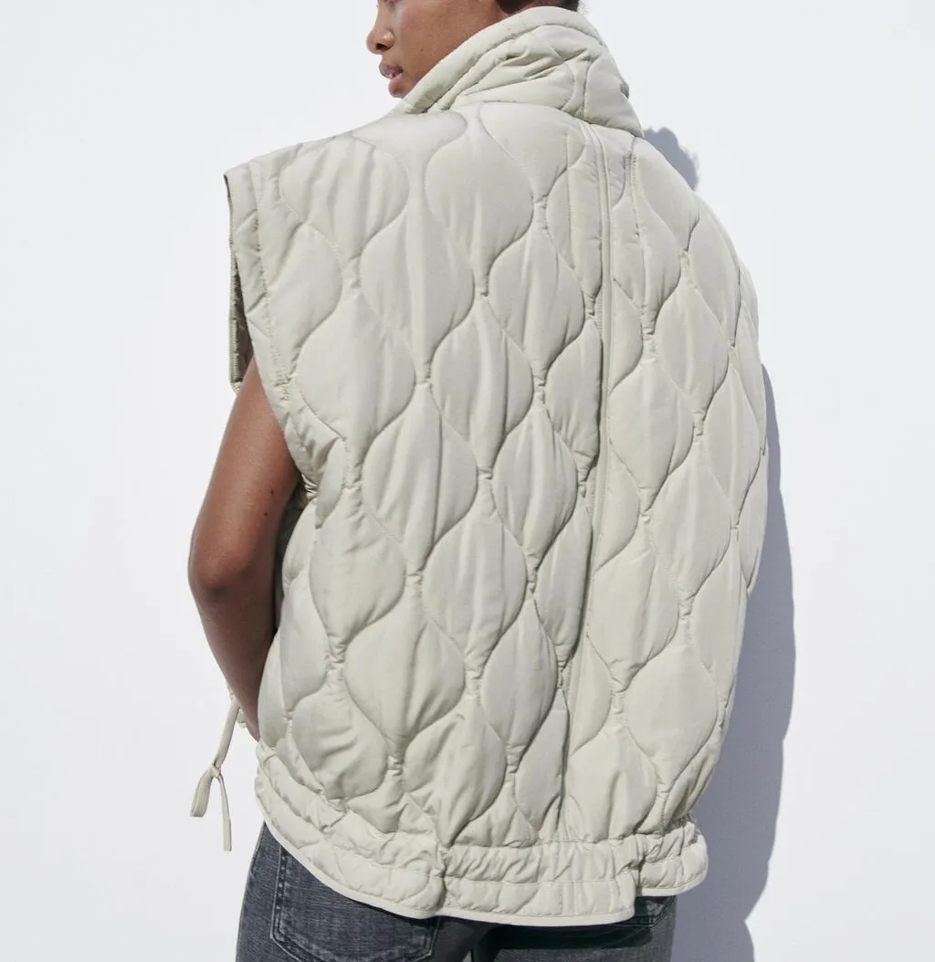 Femmes automne nouveau Patch poche col montant sans manches rembourré gilet manteau chaud coton réservoir manteau femme rembourré gilet_voghion.com