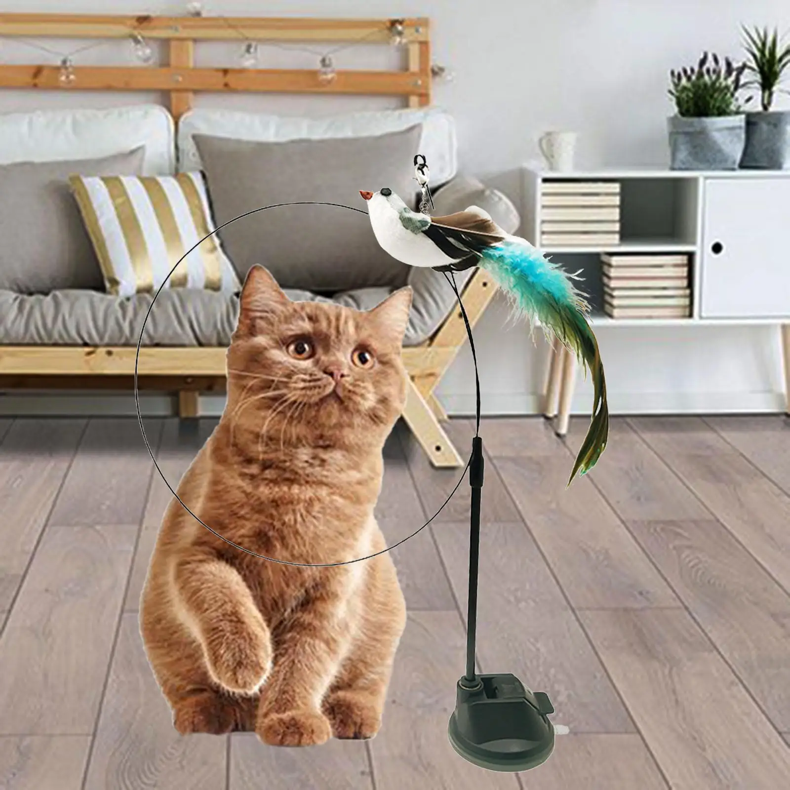 Simulation Bird Shape Feather Cat Stick Sucker Toy with Suction Cup, Cat Supplies Kitten Play Funny Good Tenacity with Bell