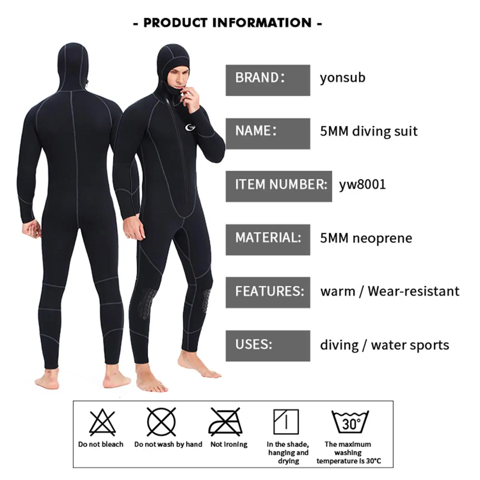 Mens Wetsuits Jumpsuit Full Body 5mm Neoprene Hooded Wet Suit Swimming Suit for Water Sports Kayaking Snorkeling