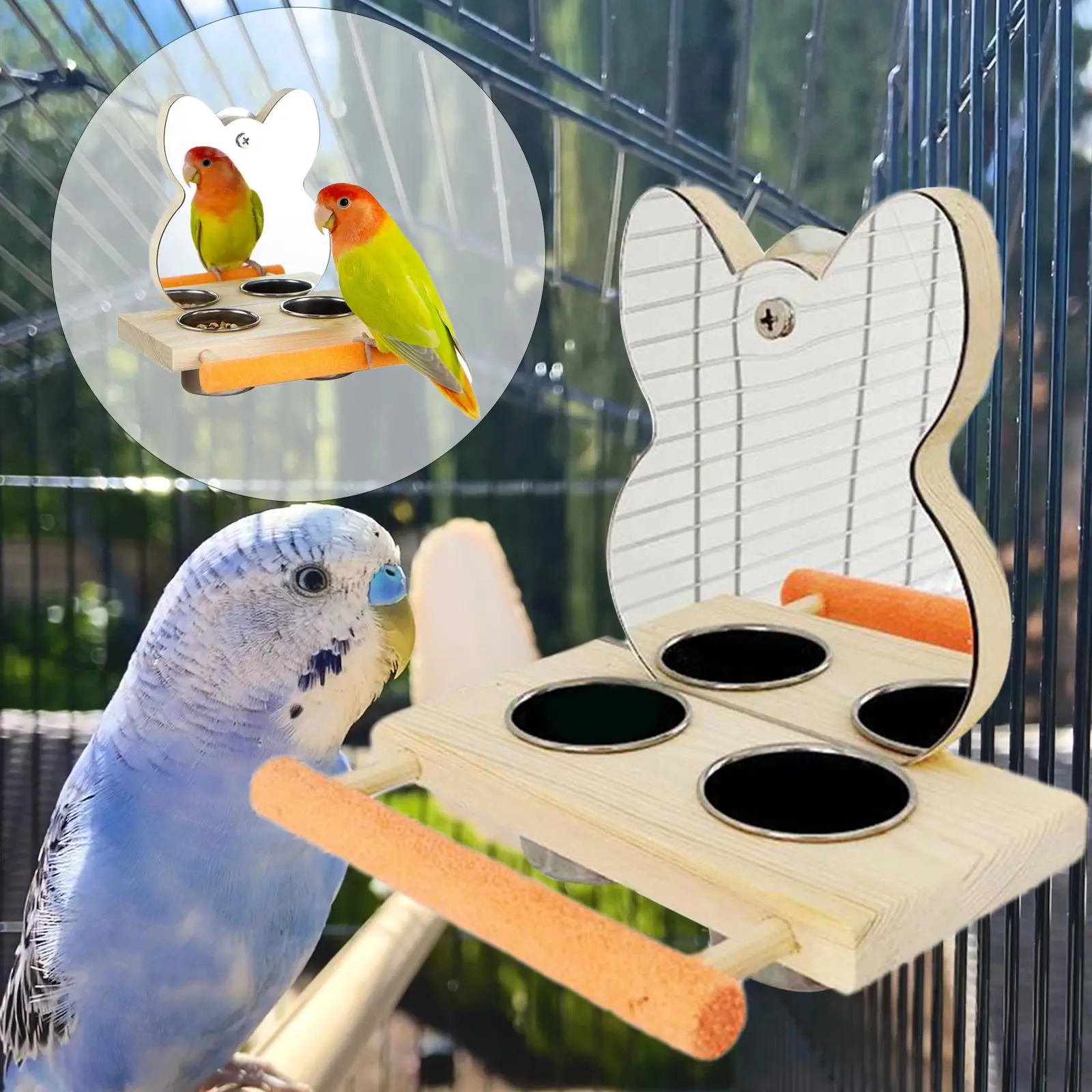 Bird Water Cups with Perch Wooden Bird Stands Parrot Mirror Toys Bird Feeding