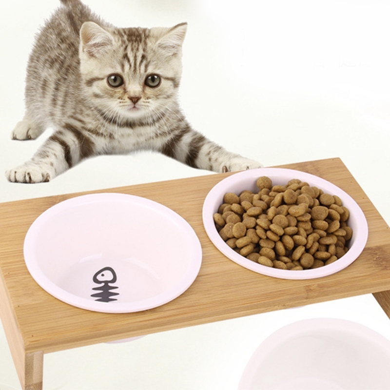 Title 4, Cat Food Bowl with Wood Holder Ceramic Feeder B...