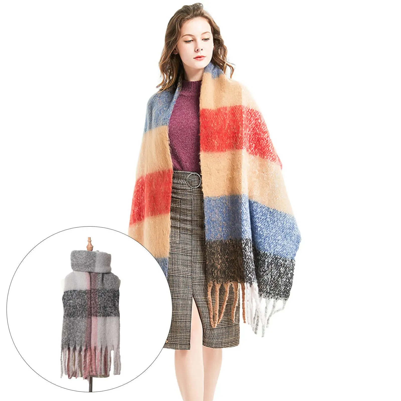 Women`s Plaid Blanket Winter Scarf Wrap Oversized Shawl Cape