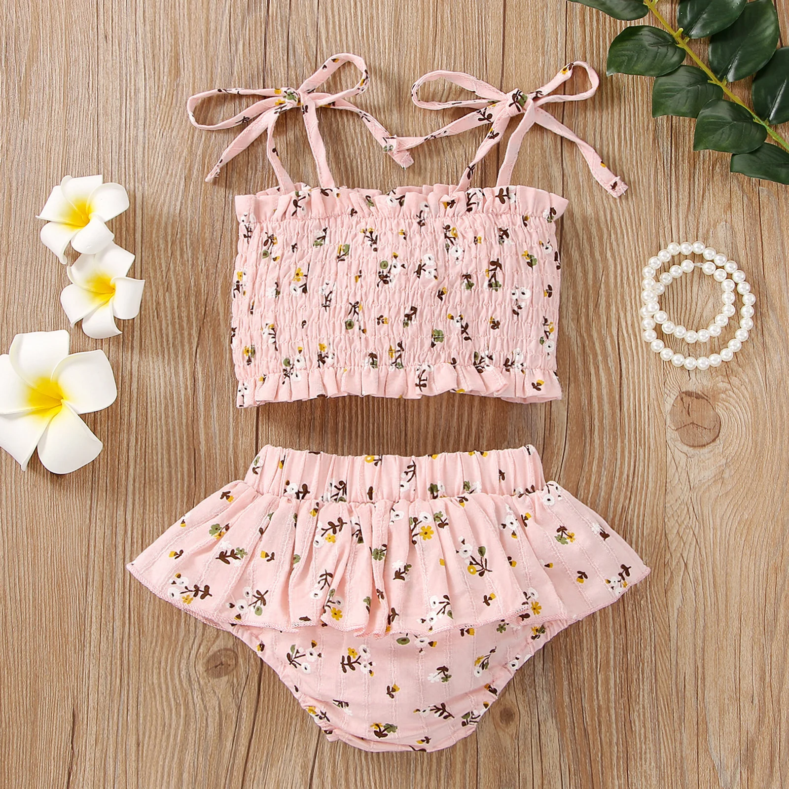Baby Clothing Set for boy 2022 Newborn Baby Girls Shorts Outfits Clothing Set Cute Flower Print Sling Pleated Tie Up Tops+Elastic Ruffle Shorts Infant Set best Baby Clothing Set