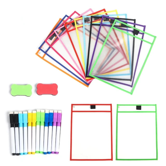 10PCS Reusable PVC Dry Erase Pockets Sleeves Sheet Protectors with Pen  Holder for Kids Children Students School Classroom - AliExpress