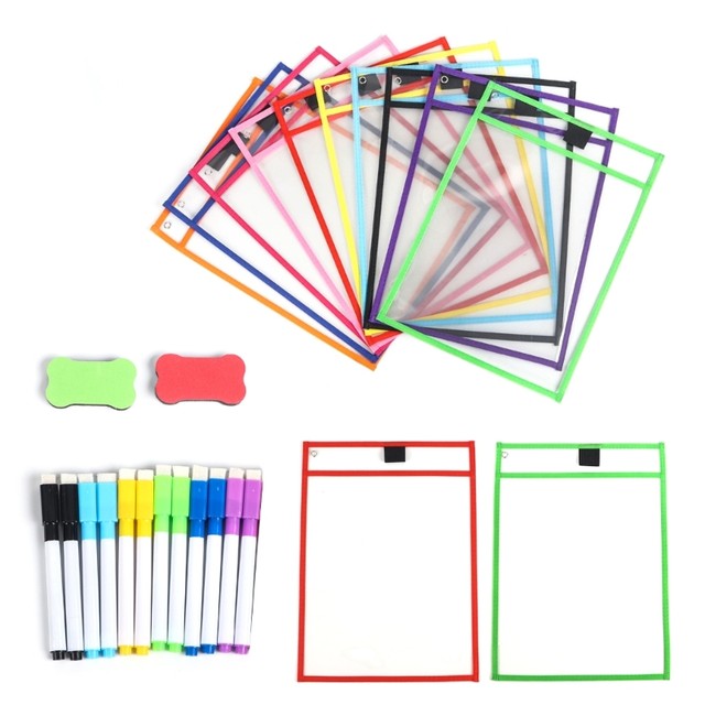 Dry Erase Pockets, Reusable Clear Plastic Dry Erase Sleeves with 1 Dry Erase  Eraser and 1 Rings for School or Work, Heavy Duty Paper Protector Sheet &  Card Pouch & Ticket Holder