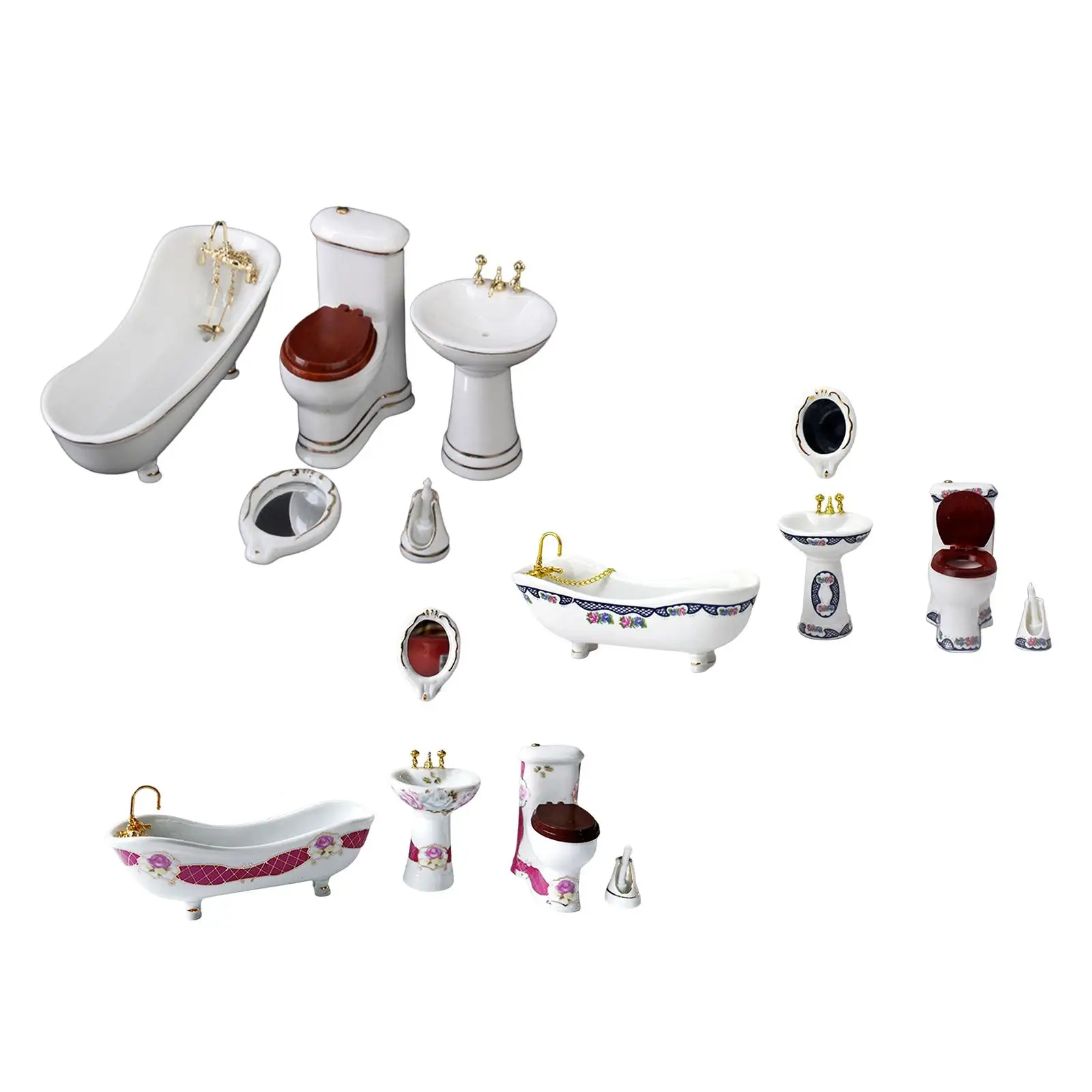 1:12 Dollhouse Miniature Bathroom Set Ceramic Toilet Basin Bathtub Mirror Miniature Furniture Doll Accessories for Bathroom