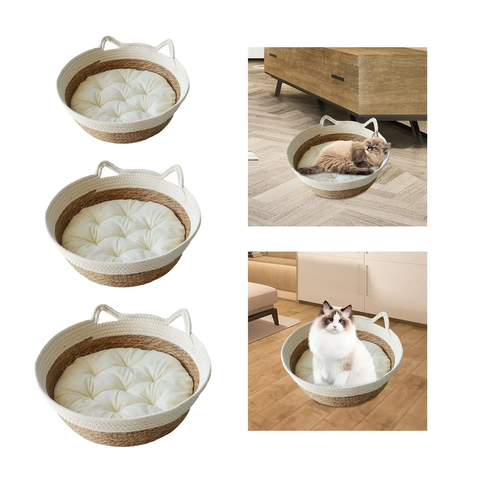 Woven Cat Bed Basket Winter Summer Durable Round Breathable Pet Sleeping Nest Bed Cat House Lounge Bed for Cats and Small Dogs
