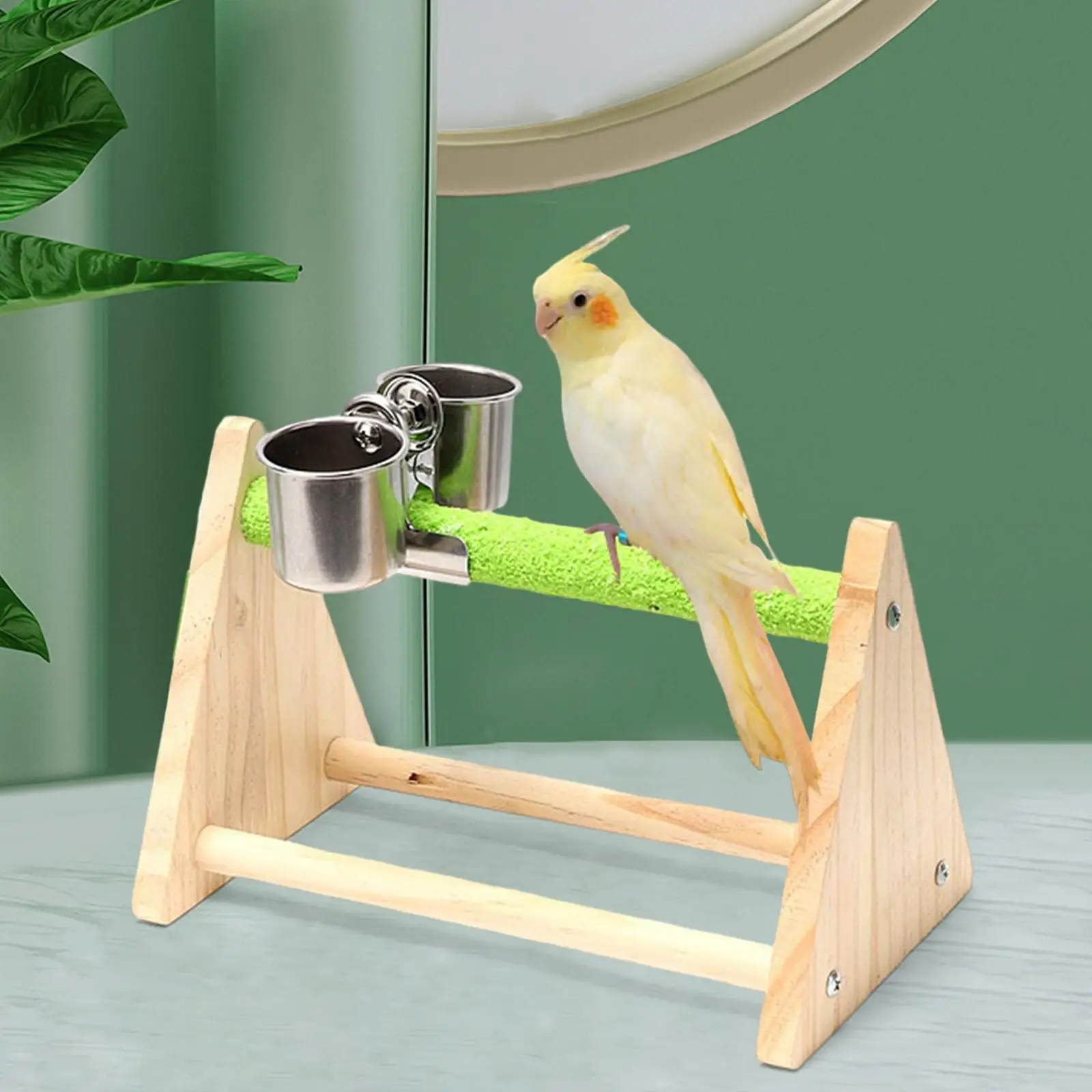 Bird Feeder stands with Feeder Cup Wood Perch Bird Training Parrot Playstand for Cockatoo
