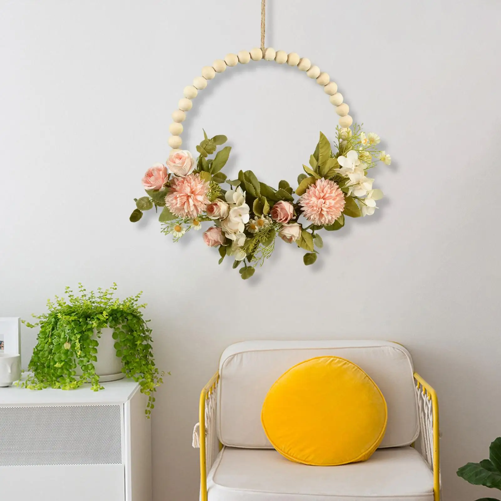 Artificial Flower Wreath Garland Wood Beads Hoop Green Leaves Wall for Home Farmhouse Wedding Party Decoration Ornament