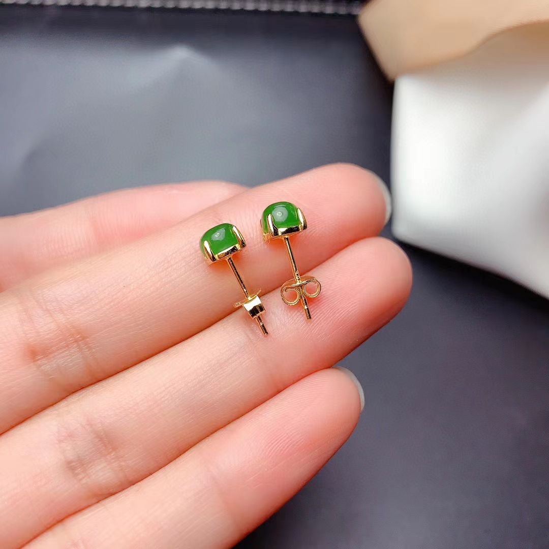 Grüne Jade-Ohrringe für den täglichen Gebrauch, 5 mm, insgesamt 1 Karat, natürliche Jade, verhindert Allergien, 925er Silber-Edelstein-Ohrringe mit Vergoldung – Detail 6