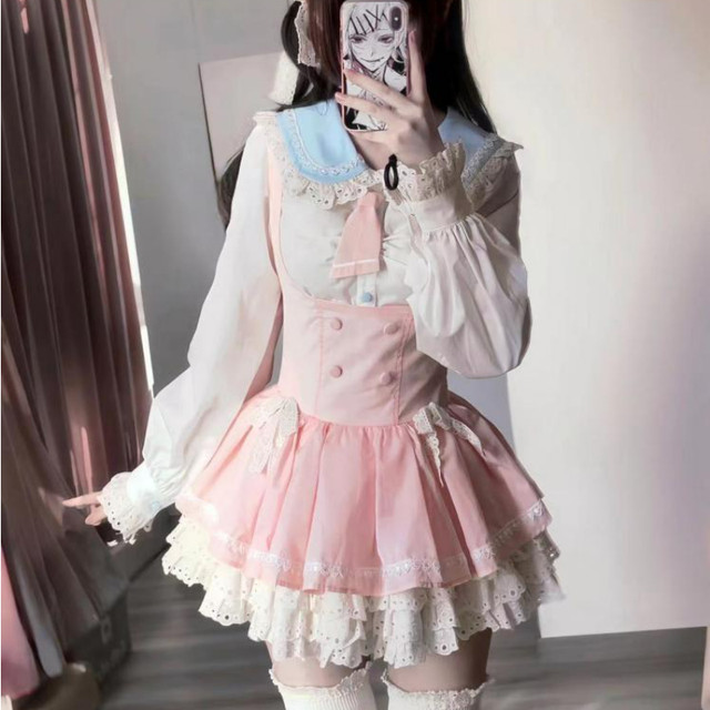 Japanese Style Kawaii Lolita 2 Piece Set Women Sweet Lace Peter Pan Collar  Bow Blouses Y2k Mini Skirts Korean Fashion Suit 2024 - AliExpress