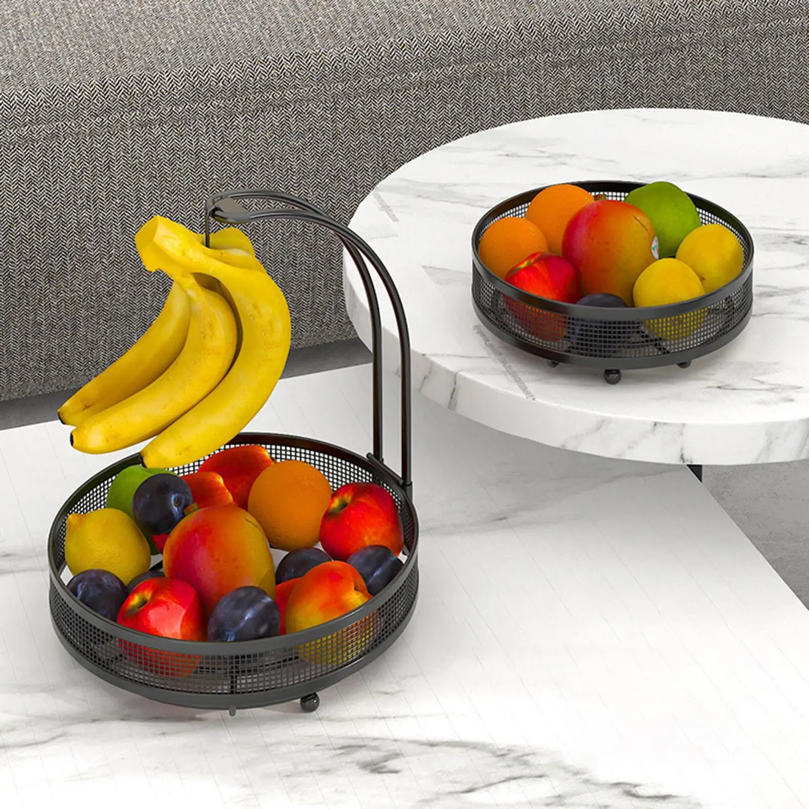 Metal 2 Tier Fruit Basket with Banana Hanger for Kitchen Multifunction Fruit Vegetable Storage Holder Display for Produce Bread