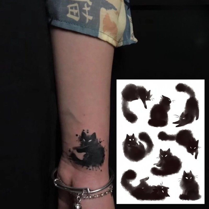 Schwarze Katze Tattoo Aufkleber dauerhafte gefälschte Tätowierung für Frau Mann Arm Punk temporäre Tätowierung niedliche Kunst Faux Tattoos wasserdichte Tatuajes – Detail 1