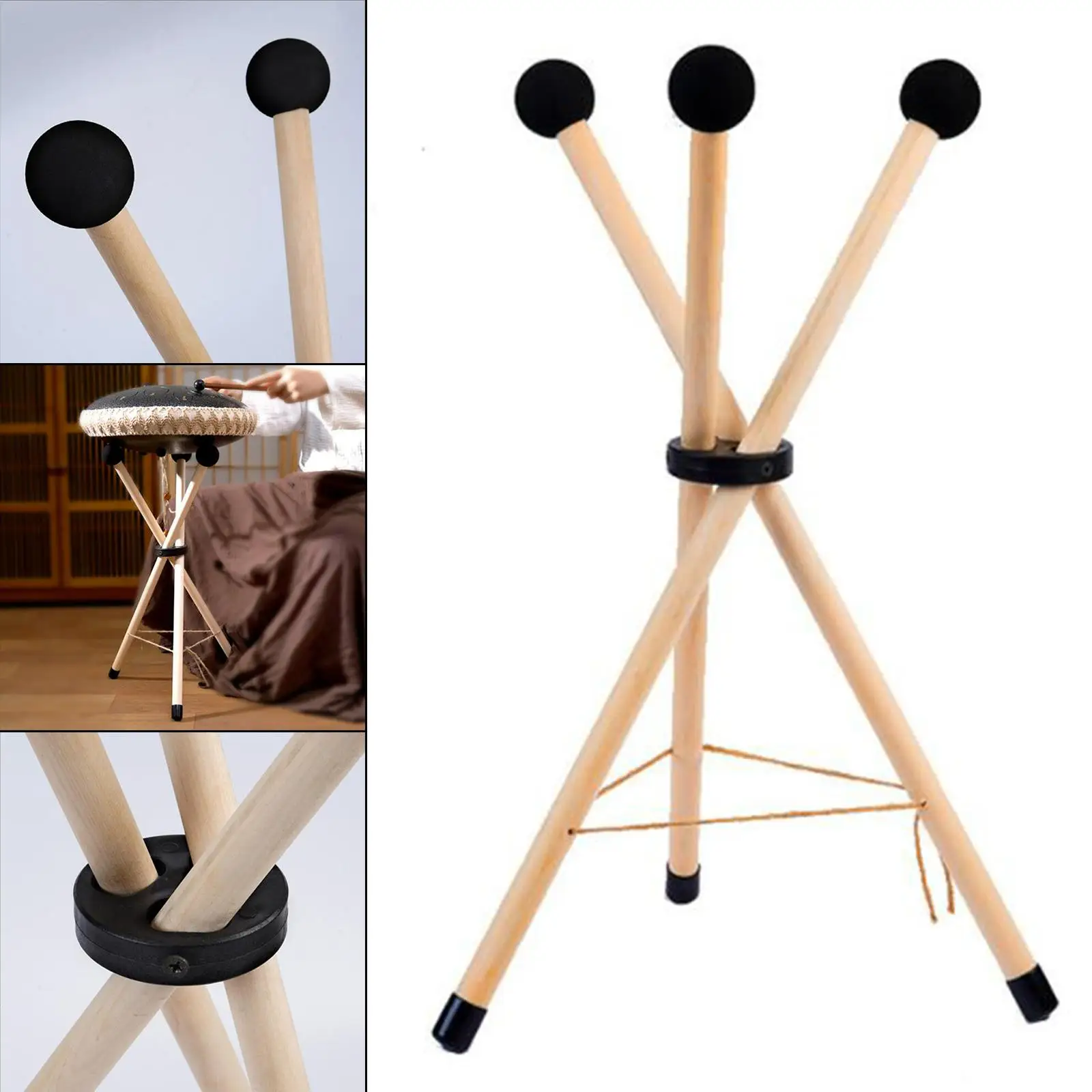 Drum Holder, Solid Wooden Tripod Folding Durable Stable Tripod Stand Drum