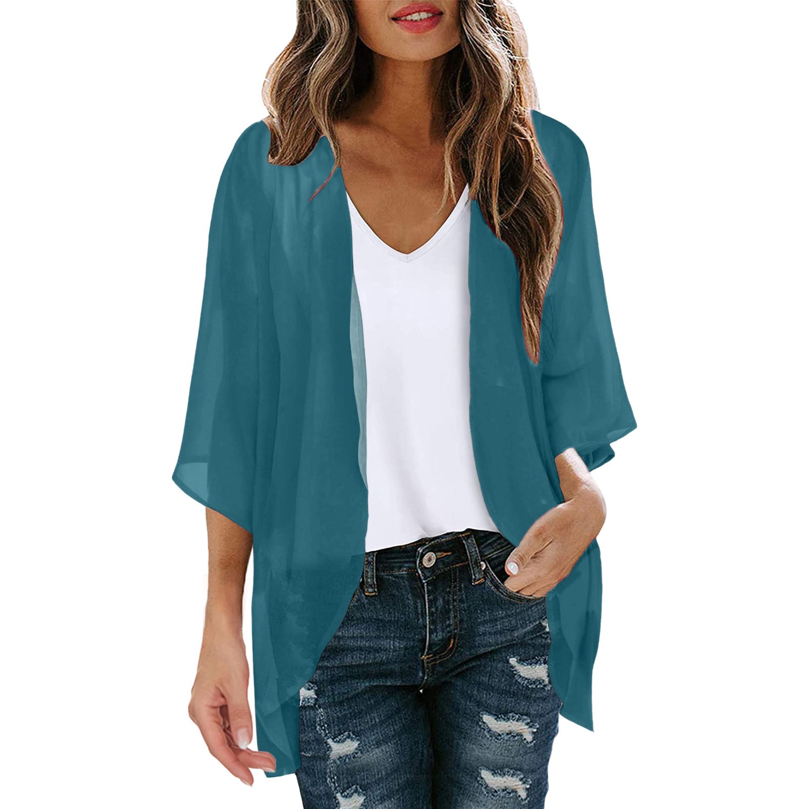 S31b2aa23ef254a53a7f9d7ad047249f9b Womens Solid Elegant Puff Sleeve Chiffon Blouse Cardigan Loose Cover Up Casual Long Sleeve Tops Summer Plus Size Thin Tops
