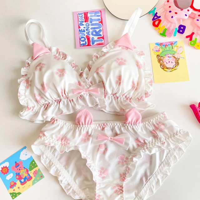 Japanese Sweet Cute Bra Panties Rabbit Ears Set Underwear Sleep Kawaii  Lolita Color Nightwear Cat Paw Print Lingerie Underpants - Bras - AliExpress