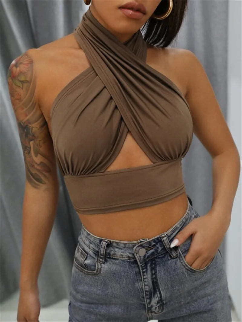 Women Summer Tank Tops Sexy Solid Color Cross Halter Neck Push Up Hollow Crop Tops 2022 New Fashion gym bra