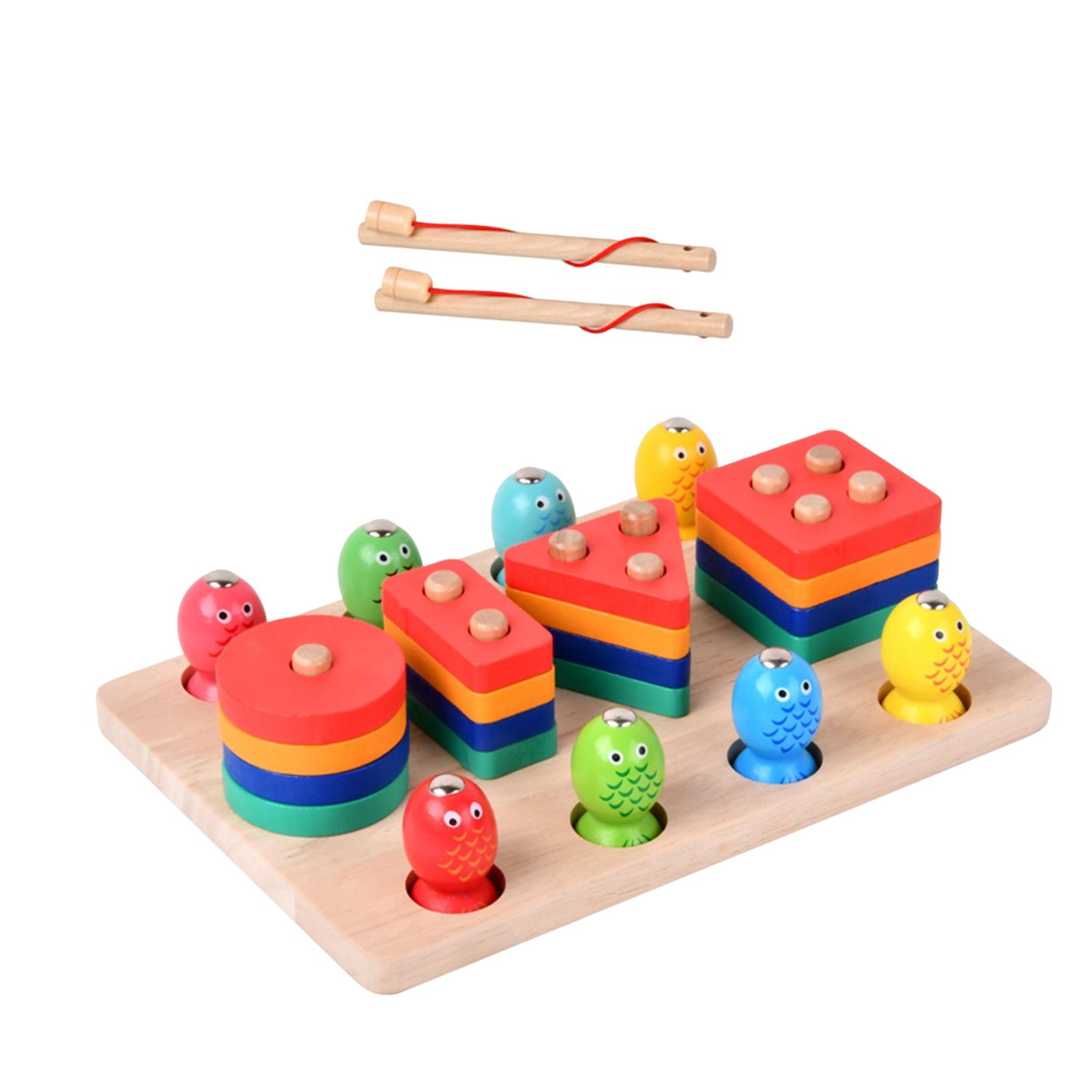 Wooden Sorter Stacking Toy Geometric Shapes Toy Puzzles Develop Fine Motor Skill Fishing Game Toy for Boy Preschool Kids Girls