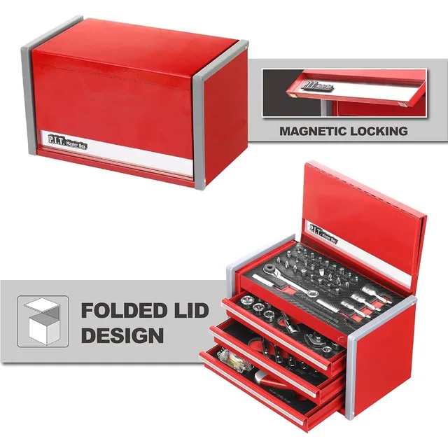 Portable 3 Drawer Plastic Tool Box with 50-Pieces Mechanics Tool Set, 3Pack  Stackable Storage Organizer Red Hand Carry Tool Cases for Hand Tools