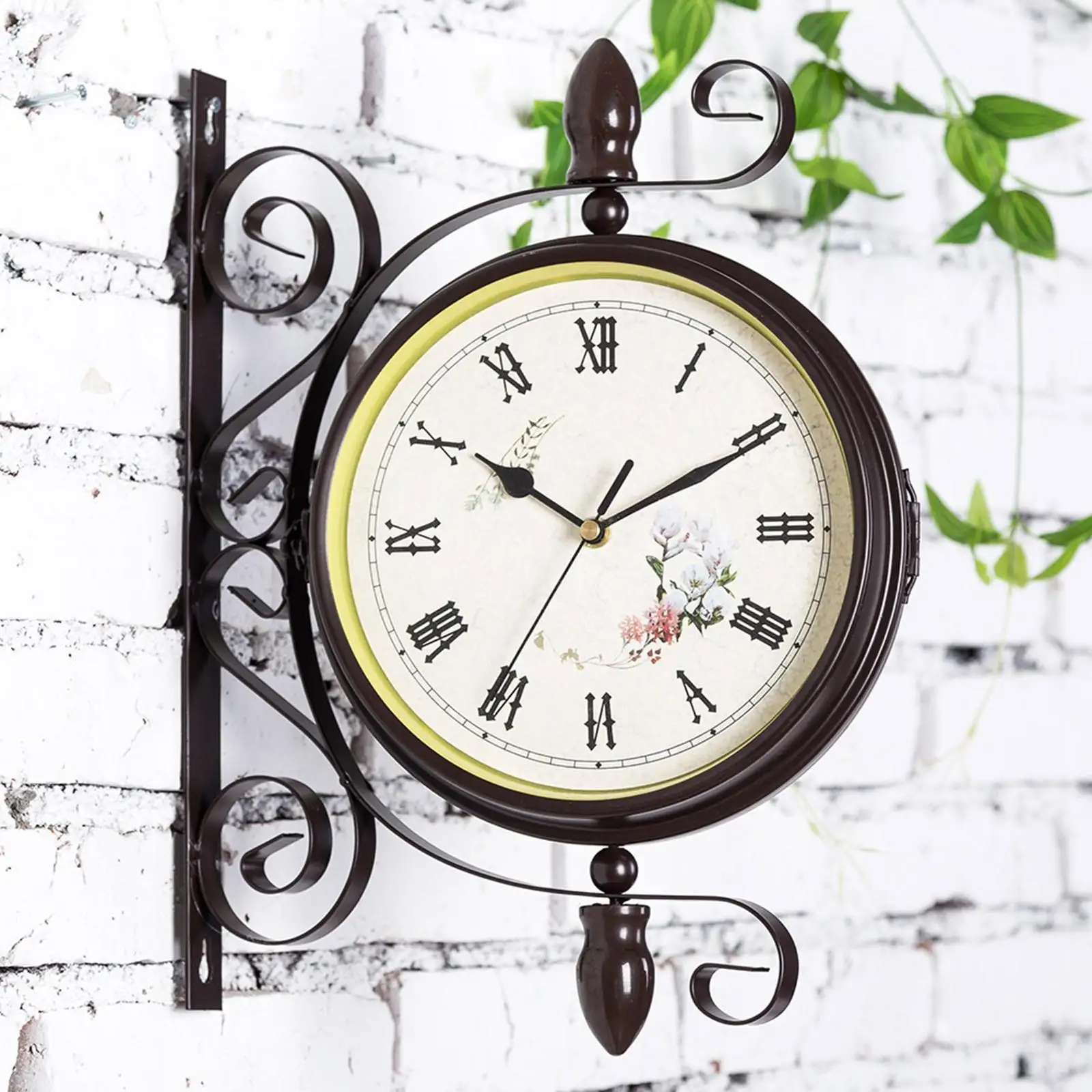 Retro Style Double Sided Wall Clock Mute Decorative Battery Powered Wall Mount Clocks for Living Room Patio Garden Bedroom Home