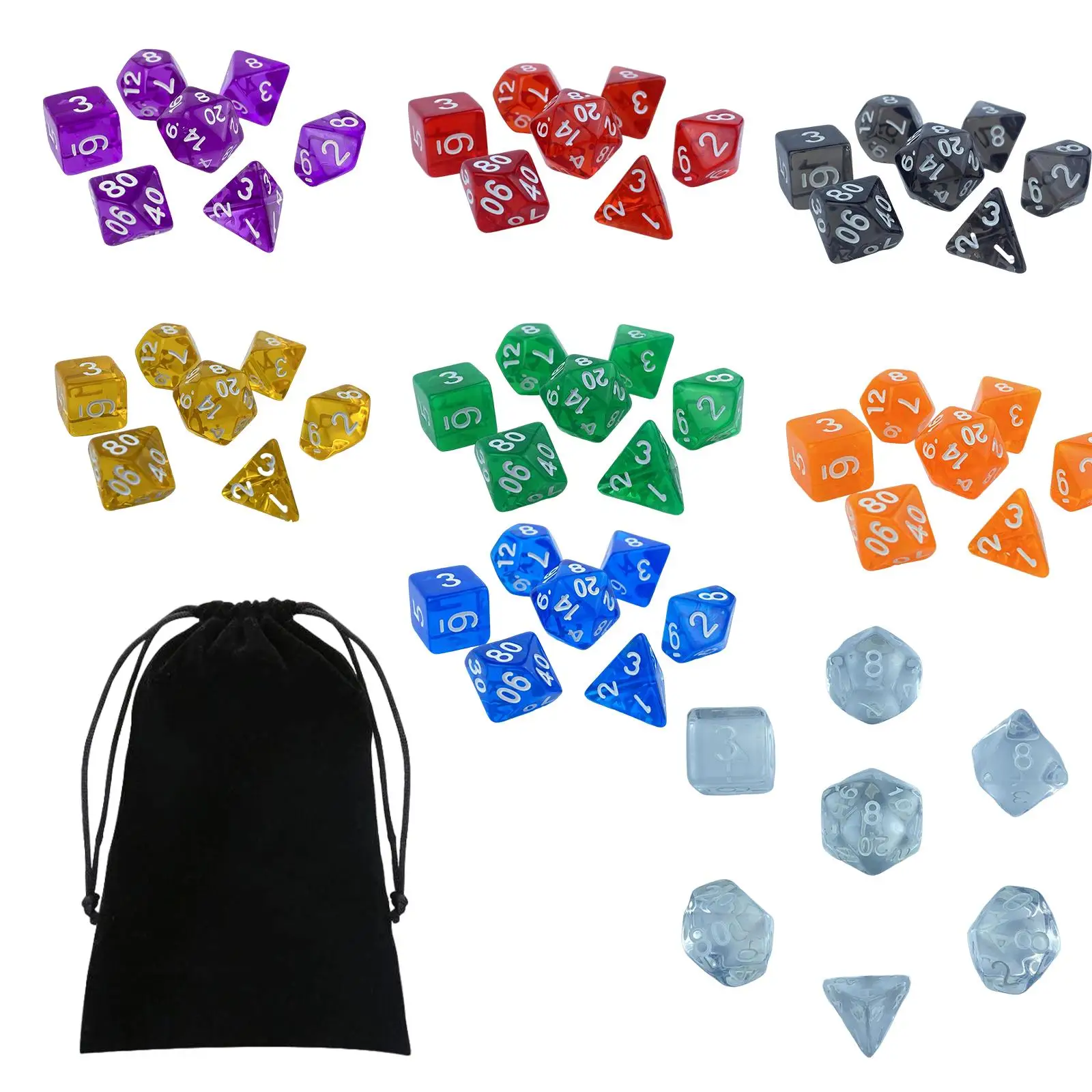 Polyhedral Dice, Multi Sided Dice Set 56pcs Polyhedral RPG Game Dices, Purple, Red, Black, Yellow, Green, Orange, Blue, Silver