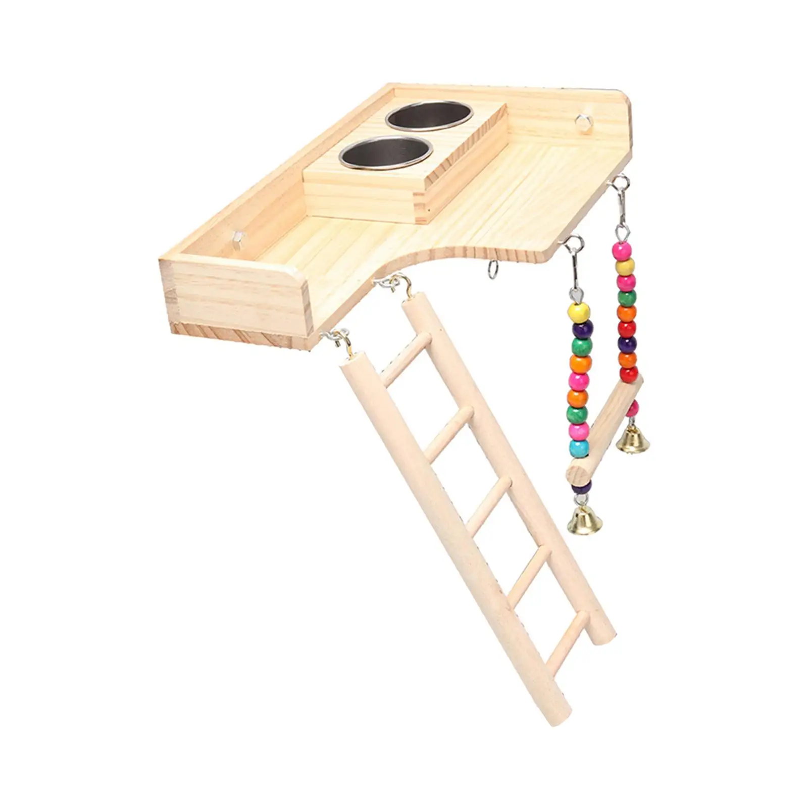 Pet Bird Parrot Playground Wooden Ladder Toy with 2 Cups for Parakeets Cockatiels Interactive Accessory Simple Installation