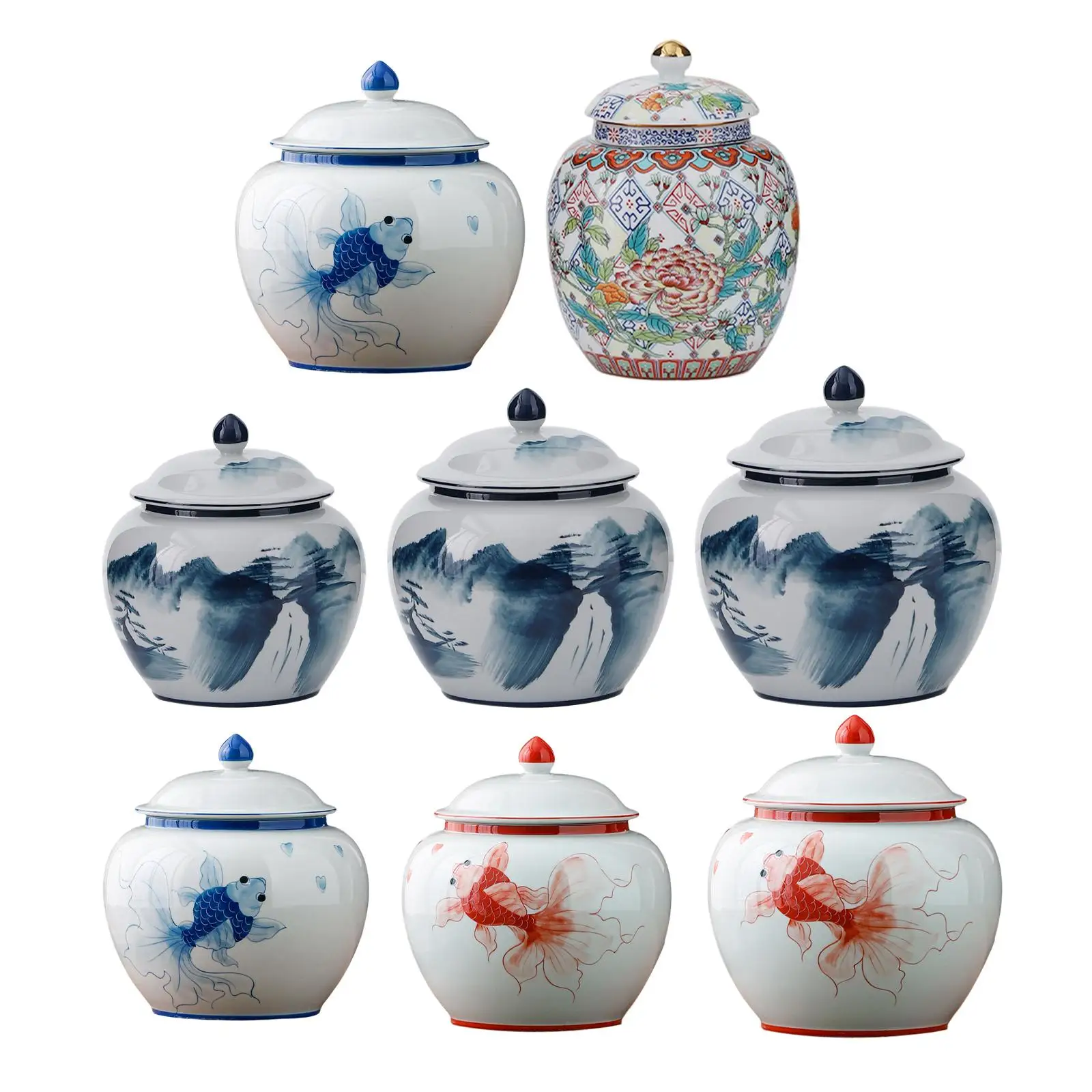 Porcelain Ginger Jar Temple Jar Storage Jar with Lid Multi Purpose Floral Arrangement Handicraft Classic Pattern Chinese Style