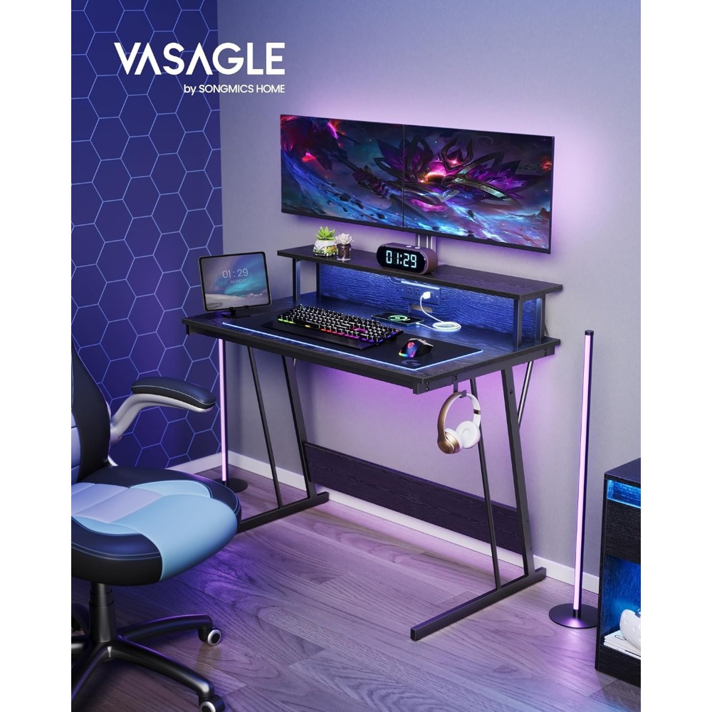 Description Picture 2 of itemLED Gaming Desk with Power Outlets, Computer Desk with USB Ports, Office Desk with Monitor Stand for 2 Monitors, with Hooks