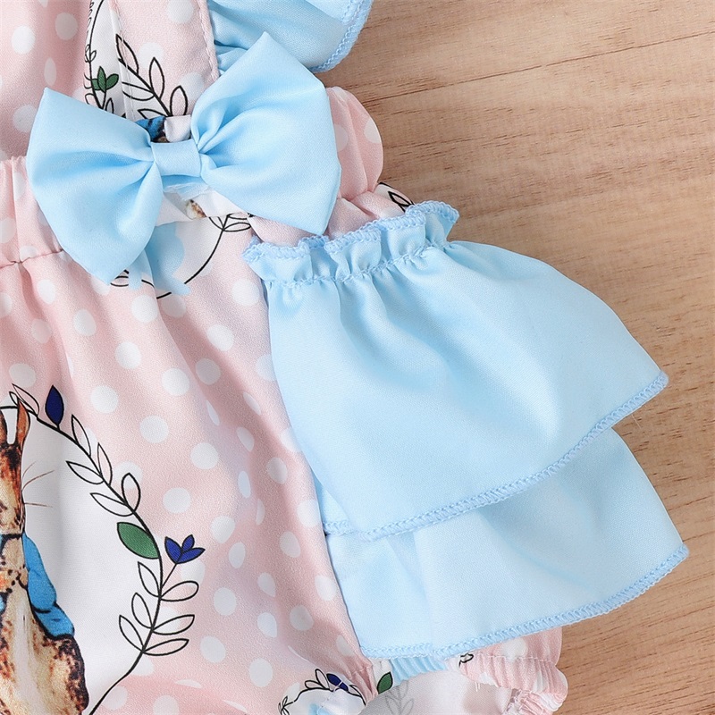 Ostern Infant Baby Mädchen Strampler Dot Kaninchen Druck Square Neck Fly Hülse Rüschen Backless Baby Bodys mit Bogen Stirnband – Detail 8