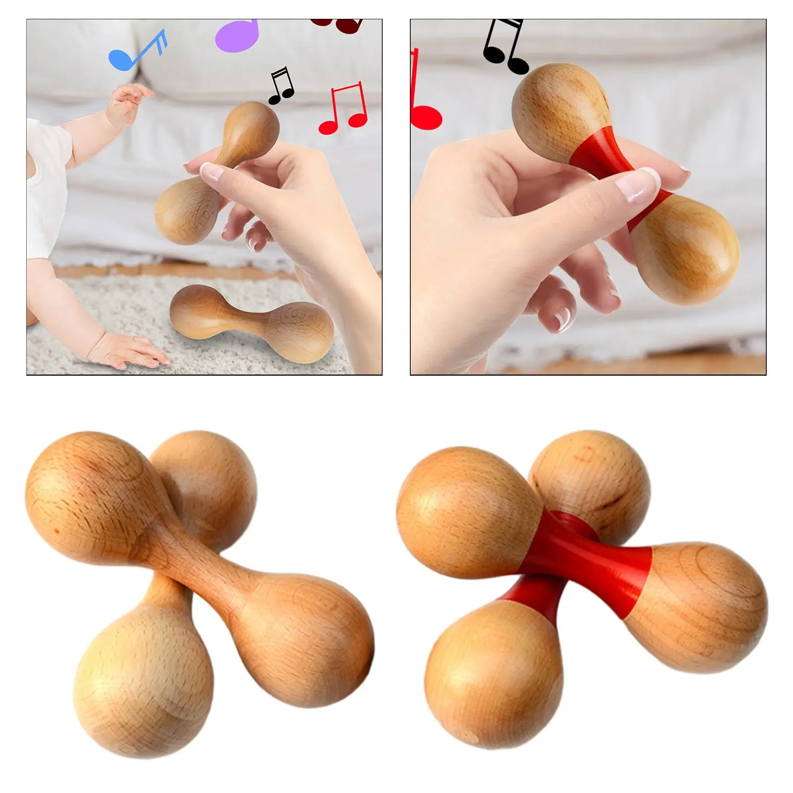 2x Sand Hammer Dual Heads Practical Maracas Egg Shaker Developmental Wood Professional Music Shaker Percussion Toy for Children