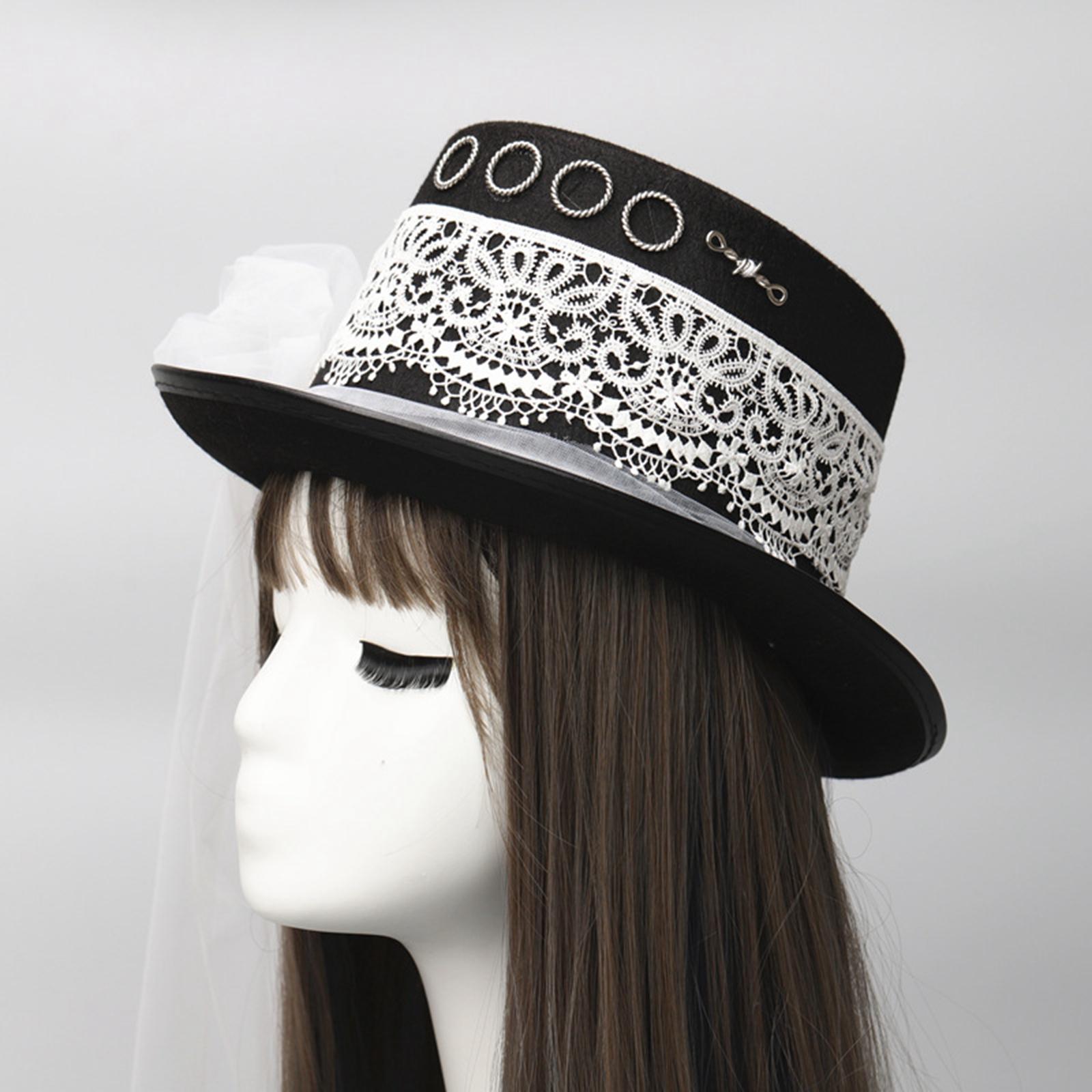 Vintage Women Steampunk Top Hat White Lace Decor Veil Costume Hat, Masquerade Costume Party Jazz Hat Made of Thick Felt Gift