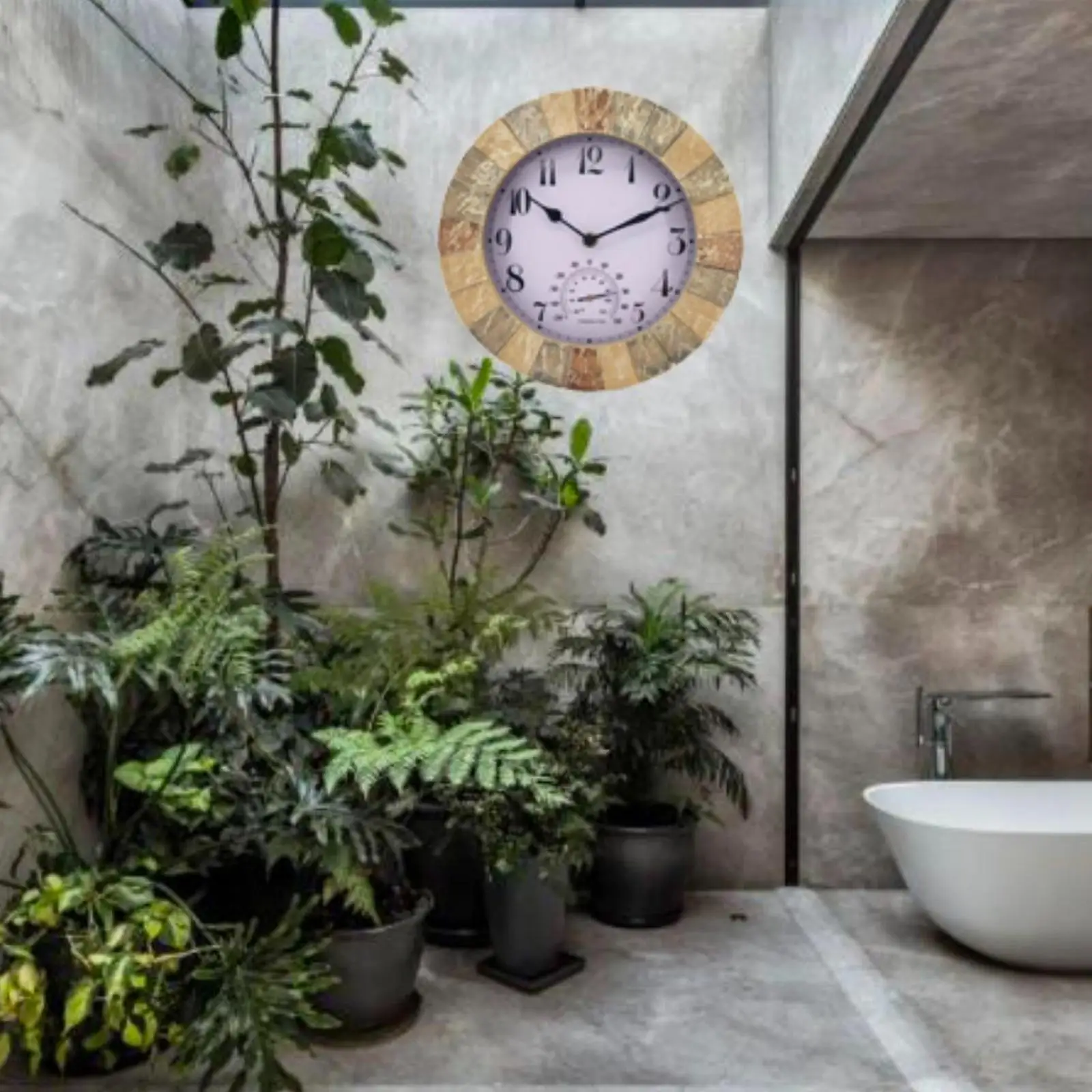 Outdoor Wall Clock Waterproof with Temperature Resin Crafts for Garden Patio