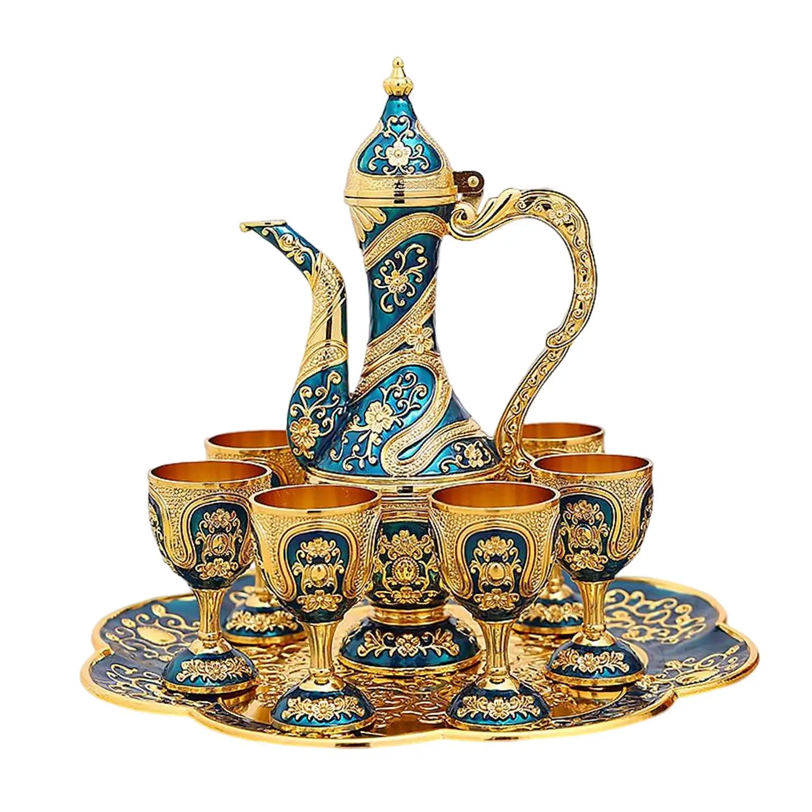Vintage Turkish Coffee Pot Set Art Crafts Tea Sets with 6 Coffee Cups Crafts Tea Tray Teapot for Ornaments
