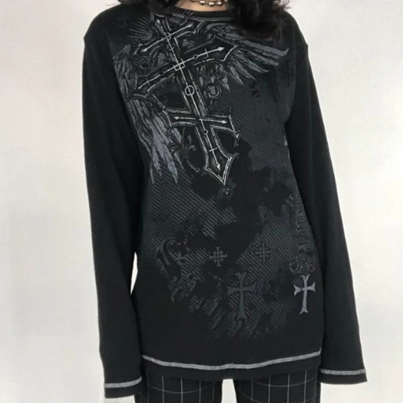 Women Y2K Aesthetic Punk Crop Tops Long Sleeve Fairy Grunge Print Top Vintage O Neck Harajuku Dark Academia T-shirts Streetwear