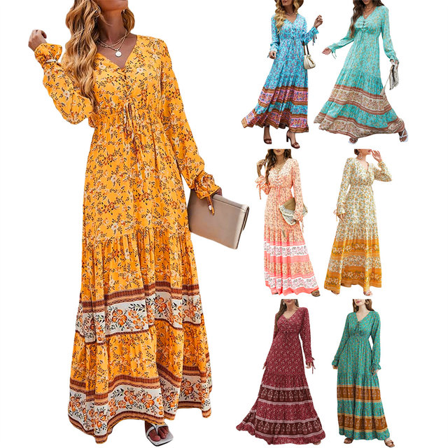 Fashion Print Boho Dress Women Long Dress Casual V Neck Half Sleeve Retro  Print Beach Dresses