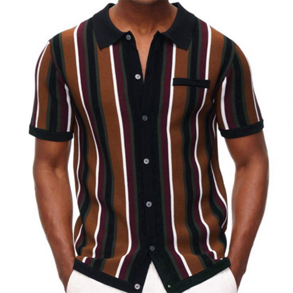 Men's Summer Knitted Shirt Contrast Color Single breasted Short Sleeve Stripe Print Knitted Summer Tops Male Clothes 26 S3261981bc97d4e559e71724c7a1ff732J
