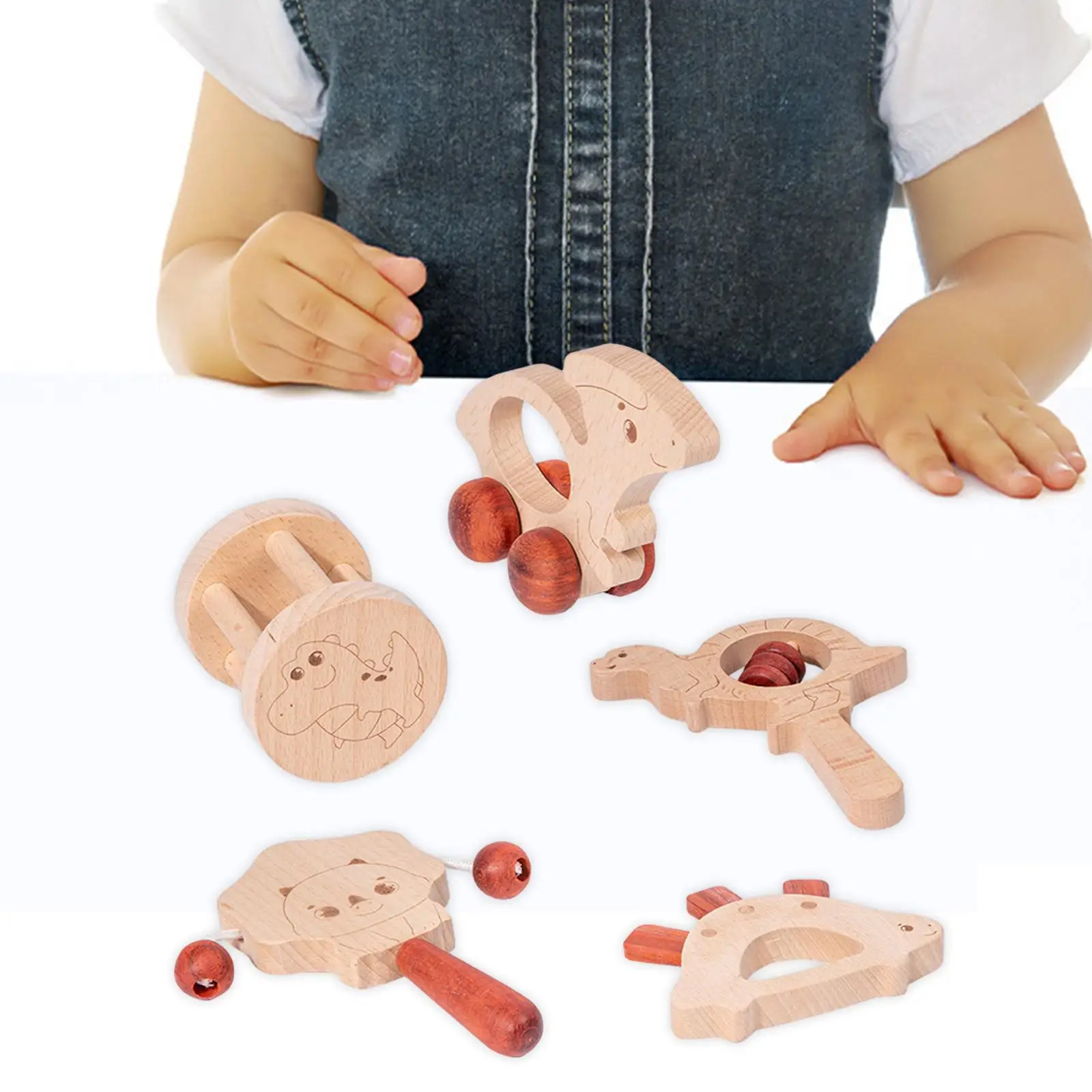 5 Pieces Wooden Baby Toys Early Learning Wood Toy Rattles Baby Rattle with Bells for Infant Babies Boys Girls 0 6 12 Months