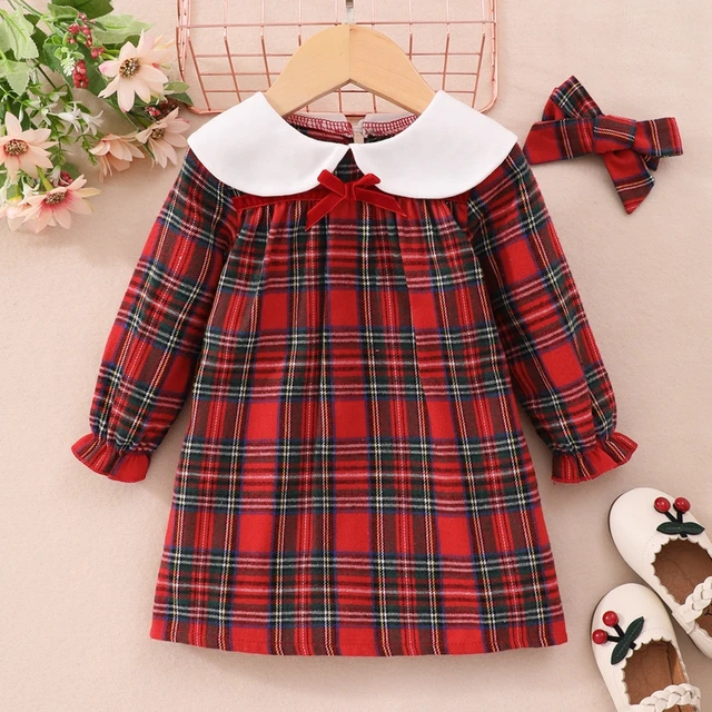 100% Cotton Baby Girl Plaid/Solid Doll Collar Long-sleeve Dress