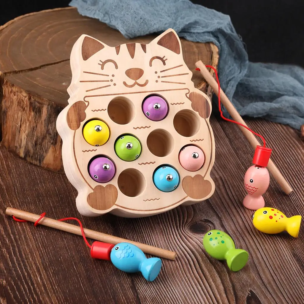 Magnetic Wooden Fishing Game Toy for Toddlers - Cat Fish Catching Counting
