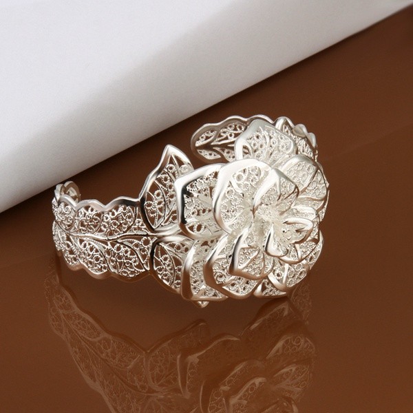 925 Sterling Silver jewelry bangle Hot engagement exquisite retro charm hollow big women lady flowers openings bracelet