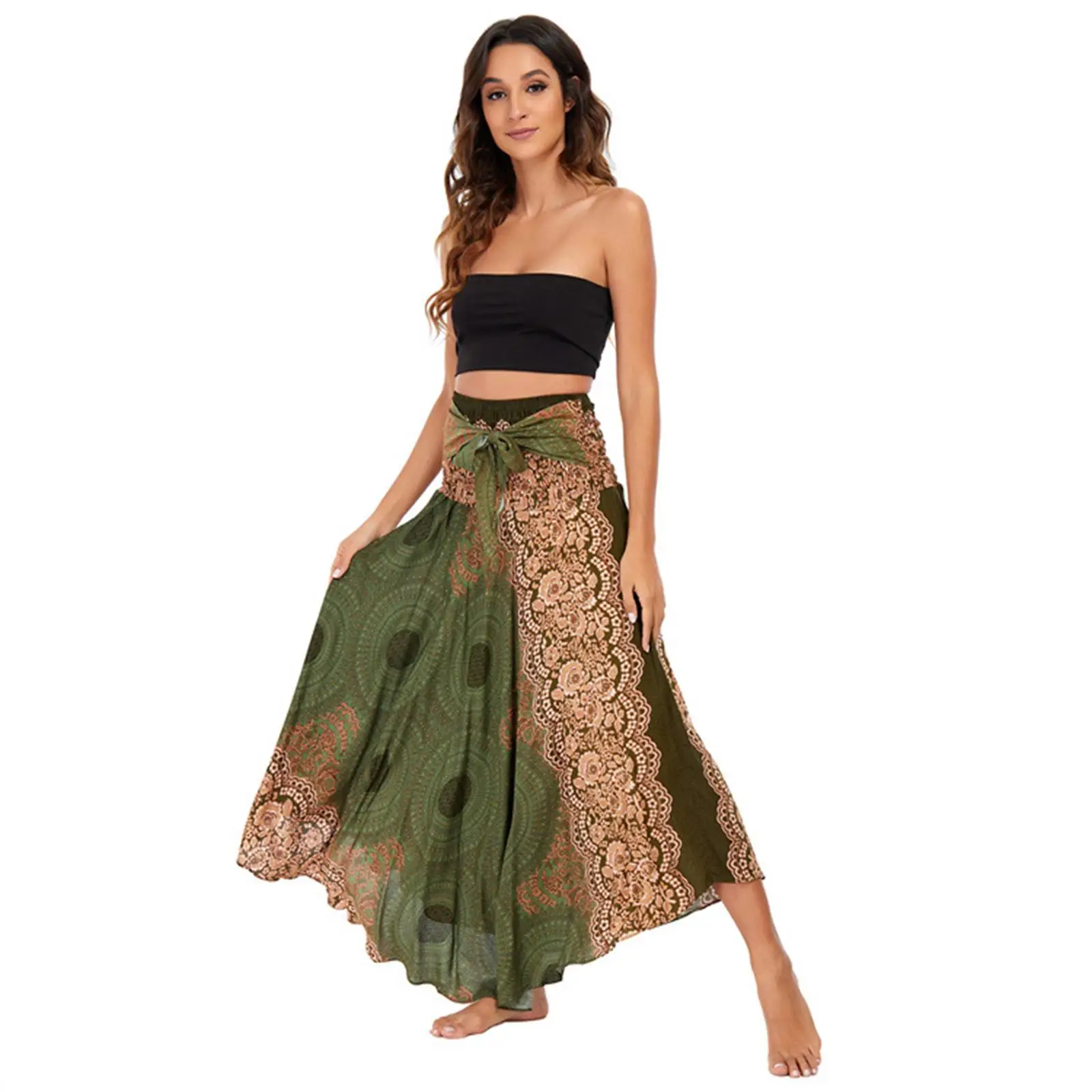 Cotton  Maxi Skirt Hippie Style Bohemian High Waisted Printed Dancing Costume Wrap  for Women Stage Performance Latin  Dance