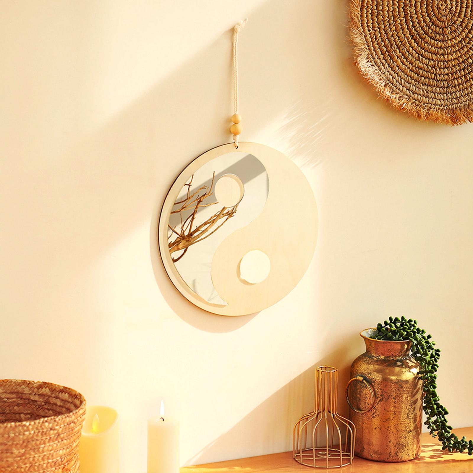 Tai Chi China Pattern Wall Hanging Mirror Round Wooden Mirror for Apartment