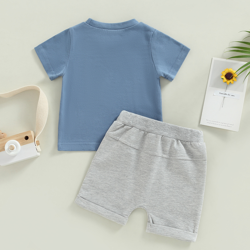 FOCUSNORM 4 Farben Sommer Kausalen Baby Jungen Kleidung Sets 2 stücke Brief Drucken Kurzarm Pullover T Shirts + Solide shorts – Detail 3