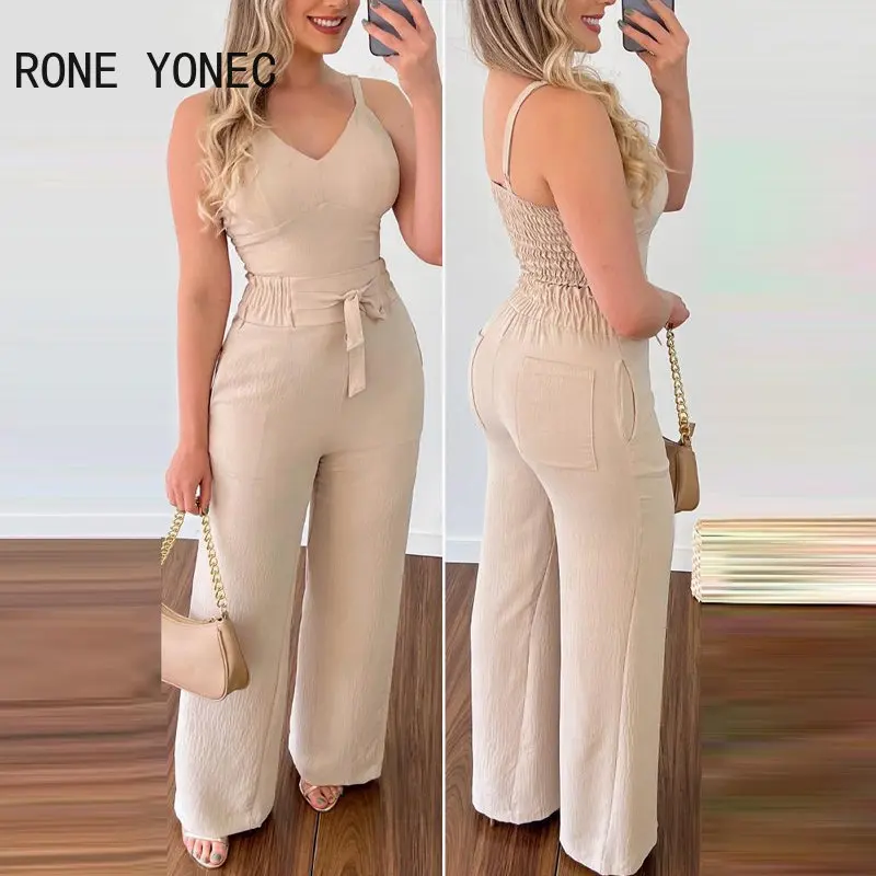 2023 Women Casual Thick Straps Lace Up Pleated High Elastic Waist with Pocket Straight Leg Pants Sets