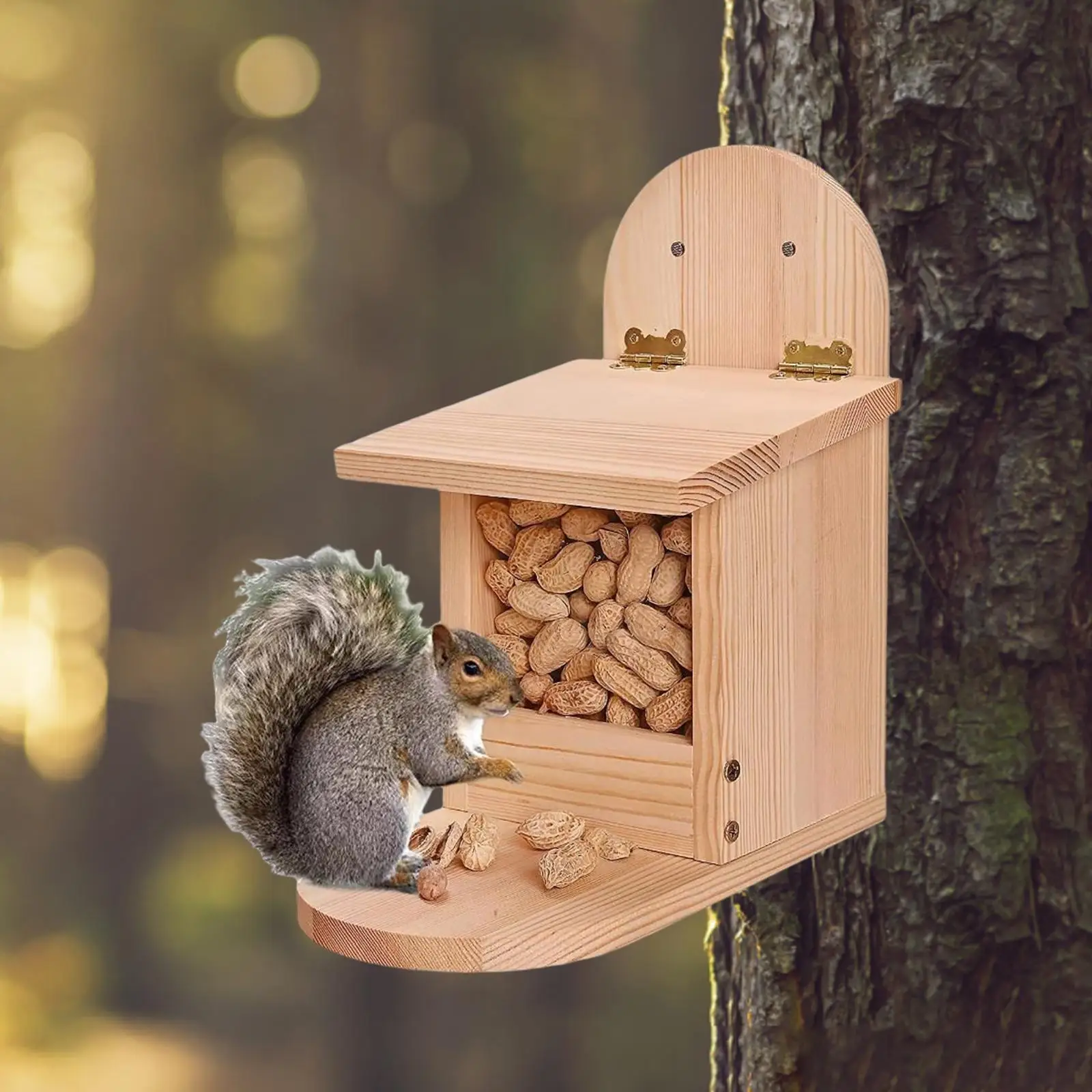 Wooden Squirrel Feeder Box Durable Feeding Station Handcrafted Wood Animal