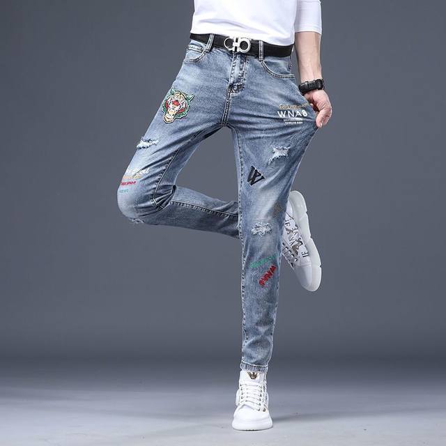 Summer Hole Badge Embroidered pencil Pants Men's Low authentic waist Slim Slim Jeans chic