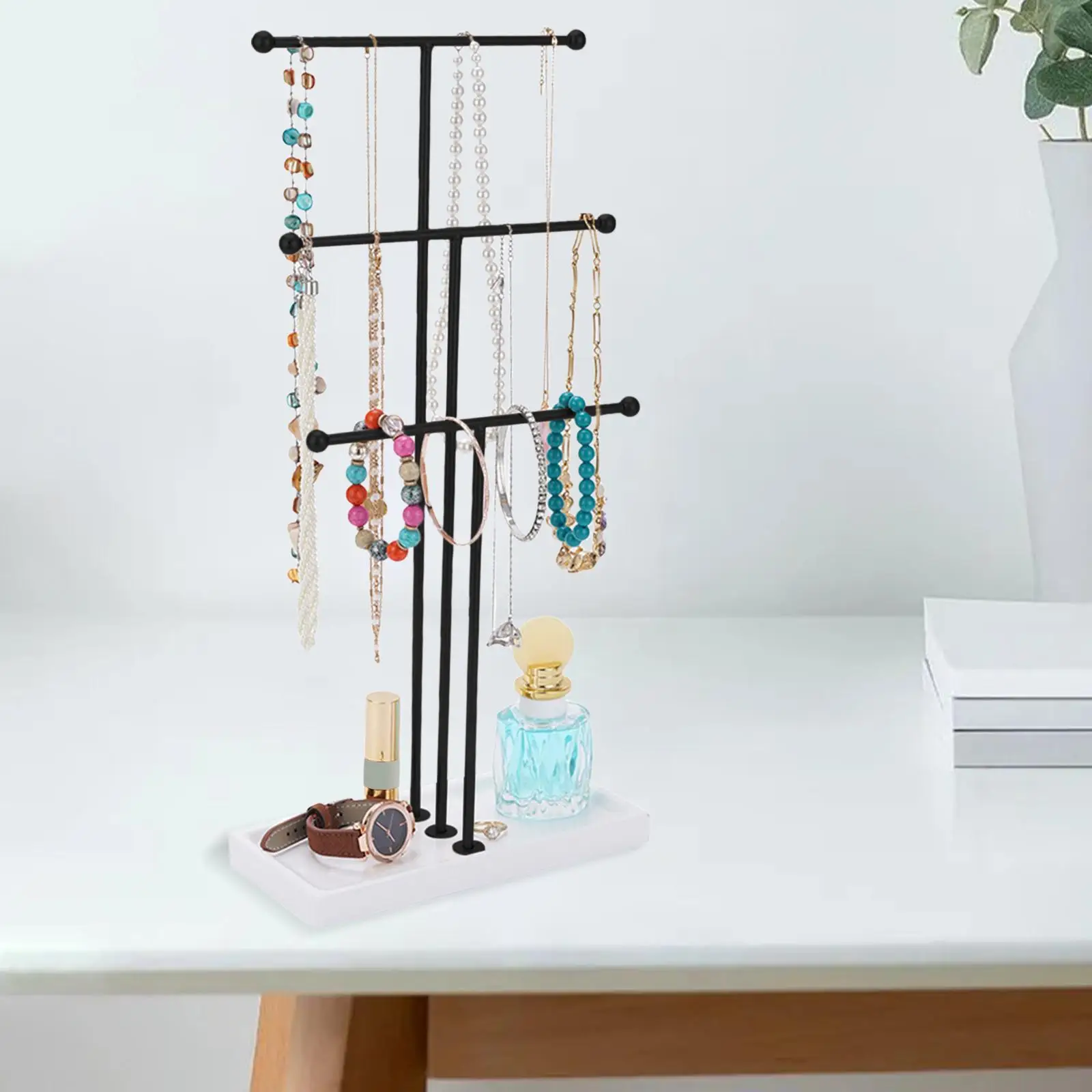 3 Layer T Bar Jewelry Display Rack with Tray Women Desktop Jewelry Stand Organizer for Necklace Home Shop Decor Bangle Holder