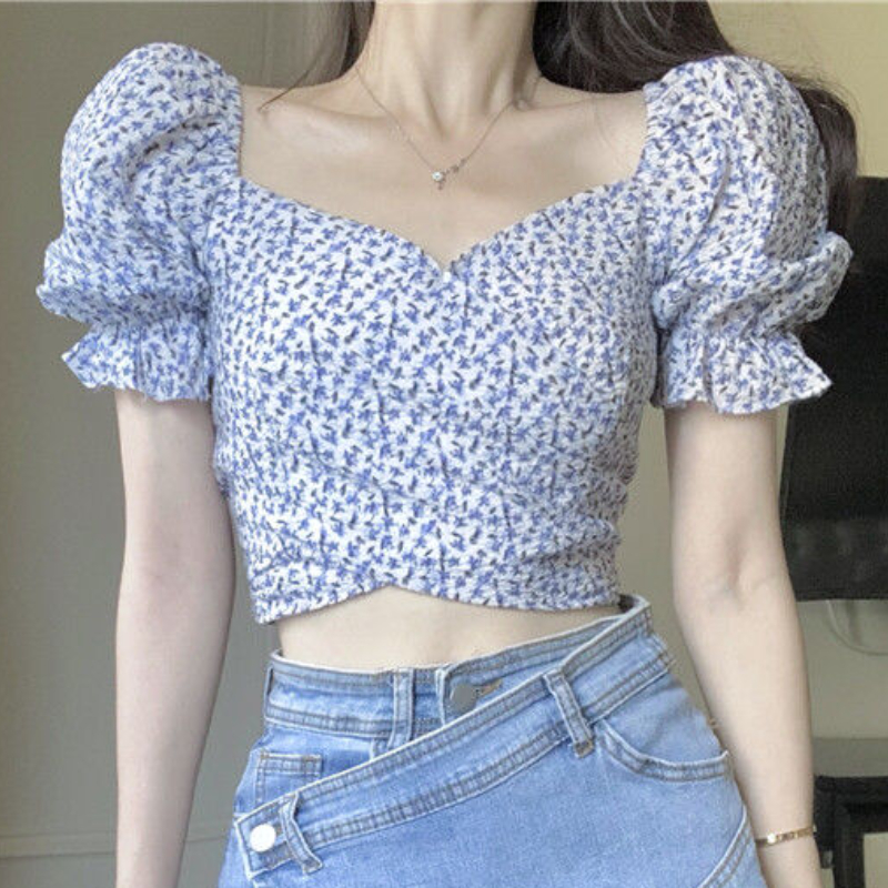 Blusas femininas floral puff manga estilo coreano