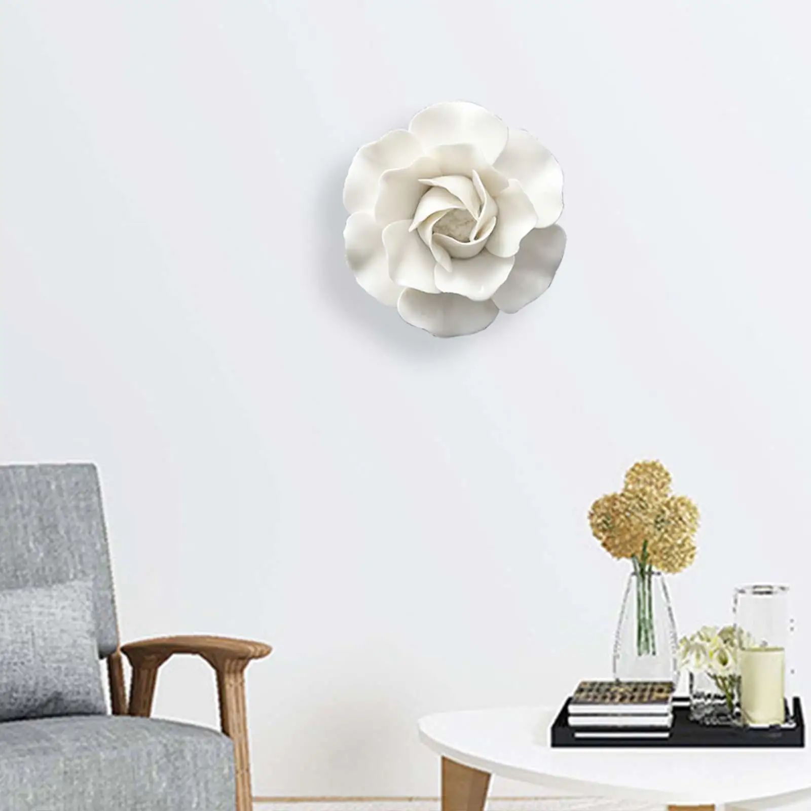 Hanging Wall 3D Ceramic Flower White Wall Art 3D Home Decor Arts Sculpture Artificial Flower for Bathroom Garden Hallway Office